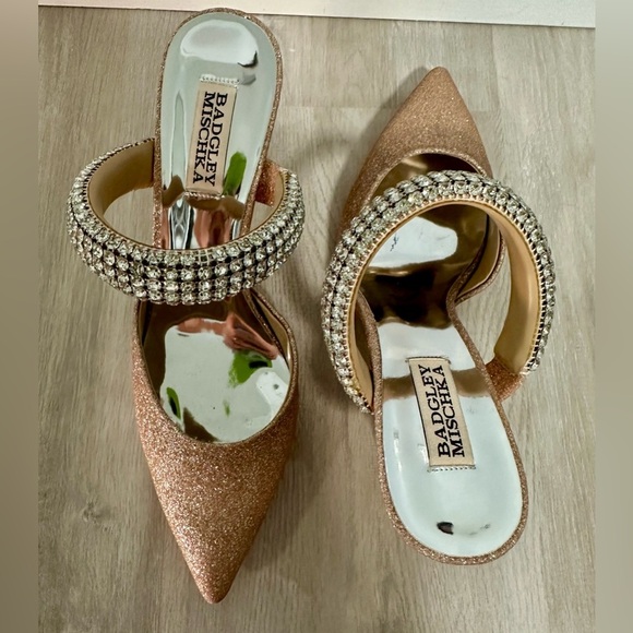 Badgley Mischka Jewel Gold Glitter Jan Strappy Pointed Toe Heels Mule 8 - Picture 7 of 16